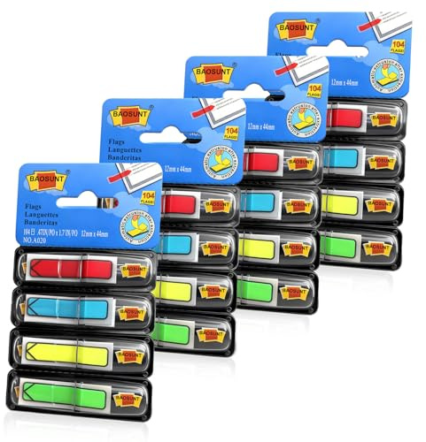 AMFUN 832 Stück Index Flags Schmal, Index Pfeile, 16 Spender mit je 52 Haftstreifen, 45 mm x 12 mm Gelb, Rot, Grün, Blau Zum Markieren, Hervorheben oder Farbcodieren wichtiger Informationen