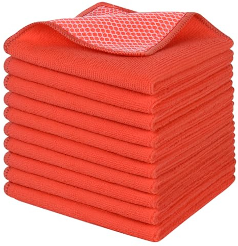 SINLAND Microfiber Dish Cloth for Washing Dishes Dish Washing Rags Best Kitchen Washcloth Cleaning Cloths Wash Cloths with Poly Scour Side 12Inchx12Inch 10 Pack Red