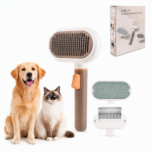 3-in-1 selbstreinigende Katzenbürste & Hundebürste für Langhaar | Ein-Klick Haarentfernung, mit Massageborsten, Entfilzungskamm, Stoffreiniger für Möbel