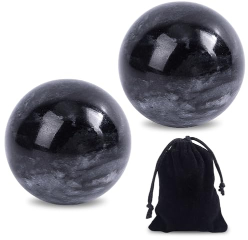 CRAFTYMELODY 2 Stück Schwarze Jade Chinesische Baoding Kugeln Traditionelle Chinesische Gesundheits Übungs Massage Kugeln mit Trage Beutel Runde Hand Übungs Ball Massage