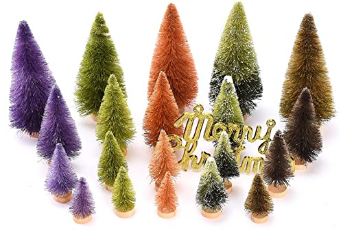 Yechiry Juego de 20 Mini árboles de Navidad, Pinos Artificiales para Exhibición de Pueblo con Bases de Madera Resistentes, Cartel de Feliz Navidad, Paisaje de Invierno, Tren, Ferrocarril, Manualidades