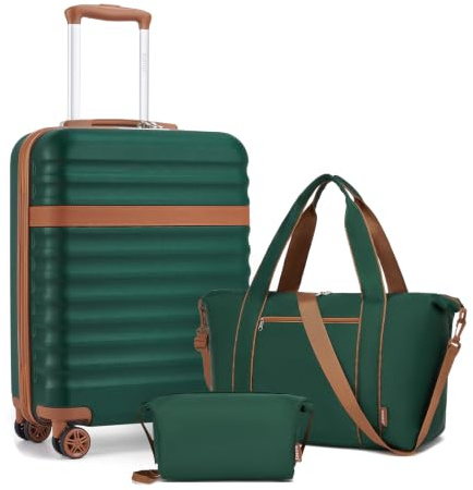 Kono Luggage Sets 3 Piece, Lightweight Cabin Suitcase Hard Shell ABS+PC Carry On Case with TSA Lock 4 Spinner Wheels, 20 Inch Trolley with Duffels Bag & Toiletry Bag Travel Set (Green)