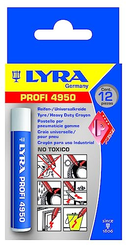 LYRA 4950 Mark-All Profi Reifen Schwerlastkreide weiß Kartonetui 12 Stk. | rund, 9,5 x 90mm, Wachskreide, Papierummantelung
