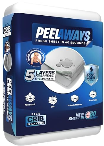 PEELAWAYS Crib-A-Peel Einweg-Bettlaken für Kinderbetten, wasserdicht, super saugfähige Bettnäss-Pads für Kleinkinder, Töpfchentraining, Verschütten und mehr, 5-lagig, 71,1 x 132,1 x 15,2 cm