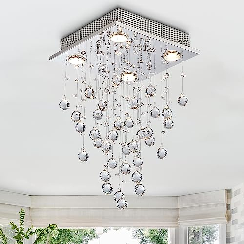 BESTIER Modern Crystal Raindrop Chandelier Lighting Flush Mount LED Ceiling Light Fixture Pendant Lamp for Dining Room Bathroom Bedroom Livingroom 4 GU10 LED Bulbs Required Width 35 cm Height 50 cm