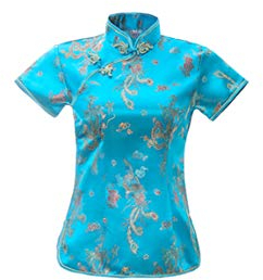 ACVIP Chemisier chinois à manches courtes pour femme Motif dragon Phoenix Qipao, bleu clair, 48