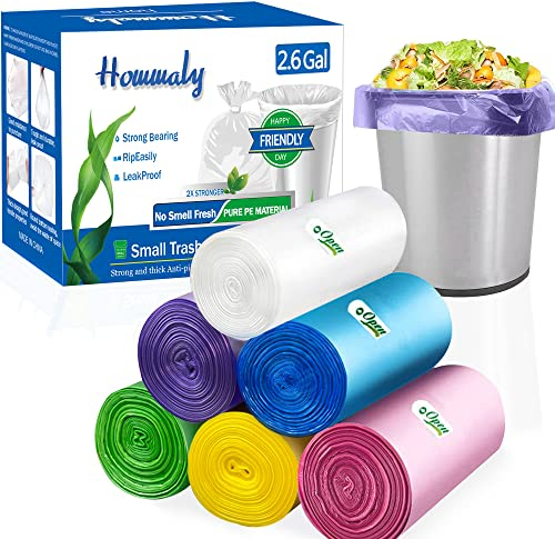 Bolsas de basura pequeñas de 2.6 galones, bolsas de basura, bolsas de basura de 15 litros, bolsas de basura para el hogar, oficina, cocina, papelera, baño, dormitorio 200 unidades 5 colores