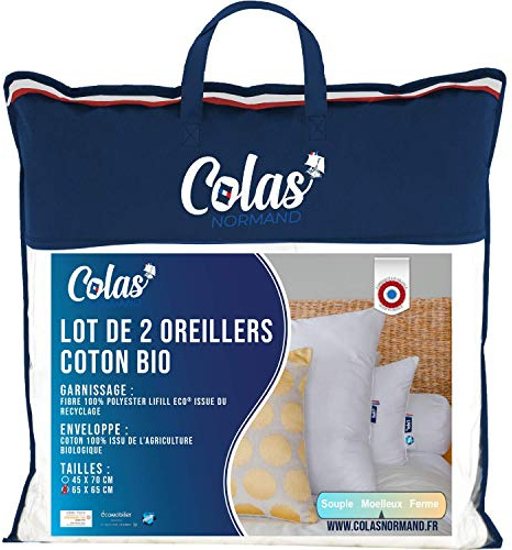 COLAS NORMAND - Set med 2 kuddar - fluffig - 65 x 65 cm - bomull från ekologiskt jordbruk - fyllning från återvunna flaskor - fransk tillverkning, vit