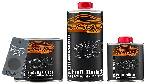 TRISTARcolor Autolack Dosen Set für Mercedes 7769 Amazon Dark Grey 1,25L | für Mercedes / Daimler Benz, Set aus Basislack + 2K Klarlack + Härter, Literware, spritzfertig