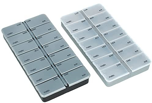 COM-FOUR® 2X Medikamentendosierer auf FRANZÖSISCH - Medikamenten-Box für 7 Tage - Pillendose - Tablettendose - Tablettenbox - Wochendosierer zur Aufbewahrung [FRANZÖSISCH] (schwarz/silberfarben - 7x2)