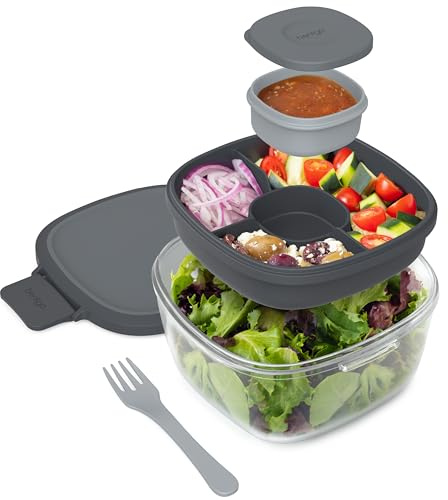 Bentgo® Glass All-in-One Salad Container - Large 61-oz Salad Bowl with Lid, 4-Compartment Bento-Style Tray, 3-oz Sauce Container, and Reusable Fork - Dishwasher, Microwave, and Oven Safe (Dark Gray)