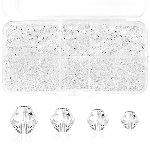 MissAudrey 850 Stück Facettierte Glasperlen für Armbänder, Kristall Doppelkegel Perlen Set für Schmuck Herstellung DIY Ketten mit Kunststoff Aufbewahrungsbox (3mm 4mm 6mm 8mm, Weiße)
