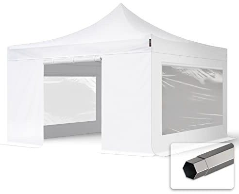 TOOLPORT Faltzelt Faltpavillon Pavillon 4x4m - mit 4 Seitenteilen (Panoramafenster) Premium Dach Partyzelt schwer entflammbar weiß