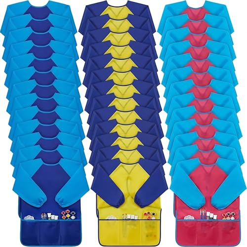 Yahenda 36 Pcs Kids Art Smocks Toddlers Painting Apron Waterproof Artist Smock for Children with Long Sleeve 3 Pockets for 2-8 Years (Rose Red,Yellow,and Dark Blue)