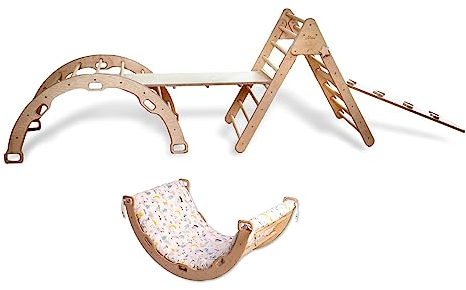 Kidodido Montessori Aktivitäts Kletter Set mit Kissen | Kletterdreieck & Kletterbogen & 2 Rampen & Kissen | Kletterset aus Holz für Kinder von 6 Monaten bis 7 Jahren | Flamingo