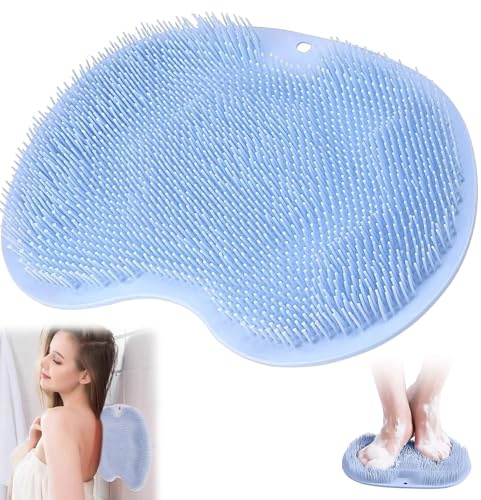 Tapis de Bain en Silicone, Brosse Pieds Douche, Épurateur de Pieds et de Dos de Douche, Nettoyeur de Dos avec Ventouse, Nettoie, exfoliant, masse votre dos, Masse vos Pieds Sans se Pencher(bleu)