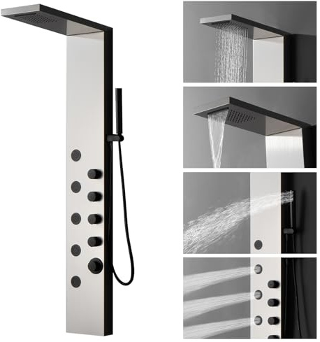BWE Rainfall Waterfall Shower Tower Panel System Stainless Steel Bathroom Shower Panel Tower with 5 Body Sprays and Handheld Shower, Brushed Nickel and Black