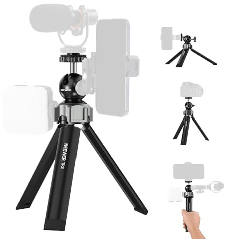 NEEWER Mini Desk Tripod Compatible with iPhone Gopro DJI Phone DSLR Camera, with Ball Head 360° Rotatable 3 Cold Shoe Mounts, Metal Portable Table Tripod for Travel Vlogging Recording, TP31