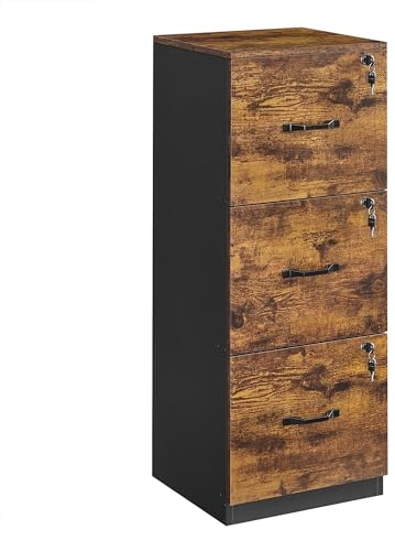 VASAGLE Aktenschrank, Büroschrank für Homeoffice, Druckerständer, mit 3 abschließbaren Schubladen, verstellbare Hängestangen, für A4- und Letter-Formate, vintagebraun-schwarz OFC055B01