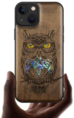 Carveit Étui Magnétique pour iPhone 13 Coque Protection Case [Bois et Incrustation de Coquille] Etui Compatible Magsafe avec Apple 13 Cover (Noyer-Un Hibou sur Une Branche)