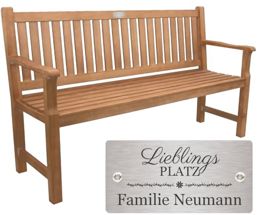Sterngraf Geburtstagsbank mit Gravur-Schild zB. Lieblingsplatz (Namen/Datum), Gartenbank 150cm Holz Armlehnen-Bank, Edelstahlschild personalisiert Geschenk-Idee zum Geburtstag/Jubiläum