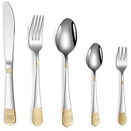 Service d'argenterie pour 6 personnes, placage en relief de luxe, poignée dorée rétro, ensemble de couverts en acier inoxydable, antirouille, idéal pour les réunions de famille, les couverts de petit