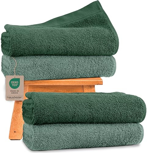 Hausfelder Duschtücher Farbmix 4er Set, 70x140 cm, 500g/m² - 100% Baumwolle Duschhandtuch Handtücher Set, Ökotex Zertifiziert, Farbe: Dunkelgrün/Hellgrün