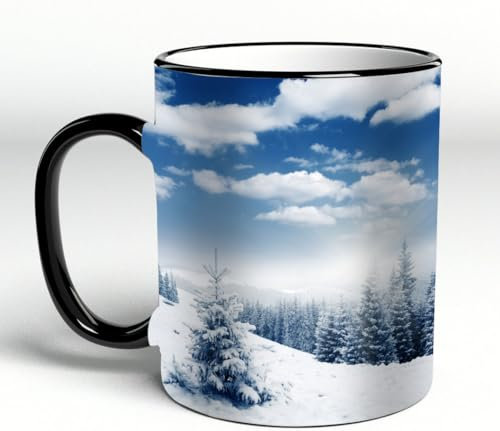 YOIUE Tasse aus Keramik - Große 11oz Tassen 330ml Kaffeetassen mit Henkel, 100% Handbemalt - Trinkgläser mit Griff - Weiß,Schönes Winterpanorama mit schneebedeckten Bäumen