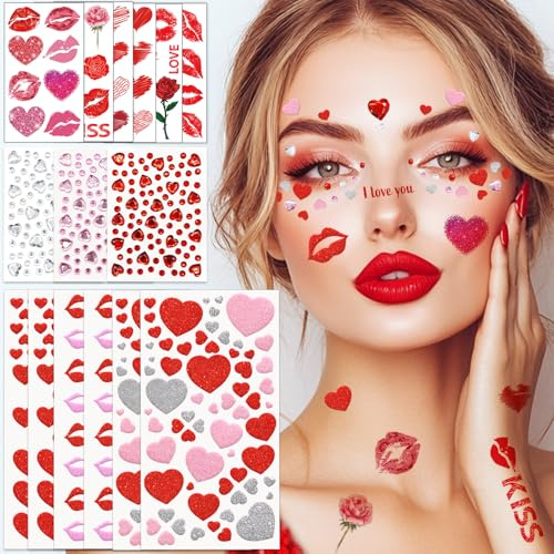 15 Pcs Glitzer Gesicht Tattoo Karneval Set - Glitzer Herz Sticker Glitzersteine Gesicht Tattoo - Amor Kostüm Accessoires für Fasching Valentinstag Makeup Karneval DIY Basteln