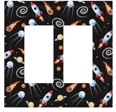 Decorative Rocker Light Switch Cover Plate, 2 Gang Wall Plates Mid-Size 4.9 x 5.0, Space rocket B Outlet Covers Wall Plate, Polycarbonate Thermoplastic