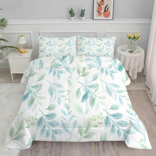 Bettdecke 200x220 Ohne Bezug Nutzbar, Blütenblätter Bettdecken Waschbar Ganzjahresdecke Grüne Pflanzen 4 Jahreszeiten Steppdecke, Bettzeug Microfaser mit 2 Kissenbezug für Sommer Winter Doppelbett