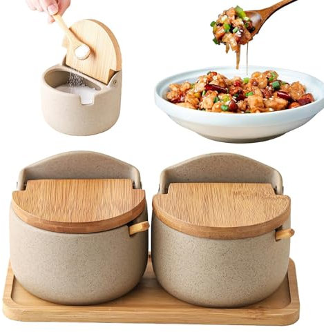 Recipiente para sal, recipiente para sal con tapa - 2 recipientes para sal de cerámica con tapa de cuchara de madera, soporte para sal para mostrador, caja de especias, juego de salero y azucarero par