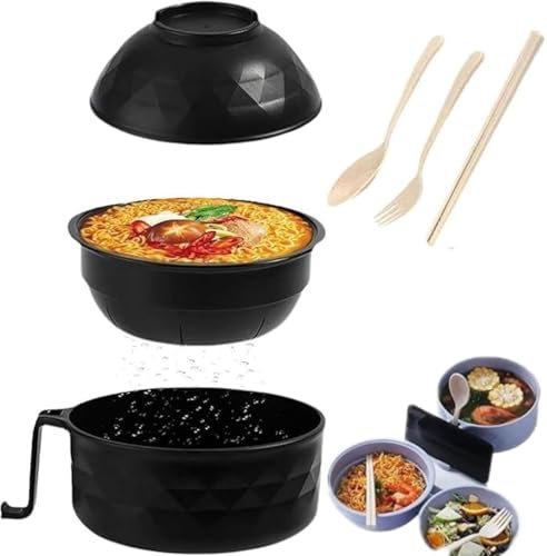 6 Piezas Juego de Cuencos para Ramen con Drenaje y Tapa,Incluye Cuchara,Palillos y Escurridor, Bol para Fideos Japoneses, Udon, Microondas y Lavavajillas,bol de ramen con tapa a prueba de fugas(negro)