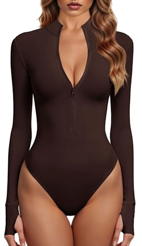 GJY bodys för kvinnor, en bit dragkedja fram, långärmade toppar, jumpsuits