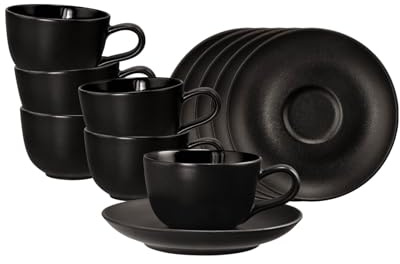 Seltmann Weiden Liberty Velvet Black Espressotassen mit Untertassen 6er Set, 100 ml, Tassen-Untertassen-Set mit schwarzem Finish, Spülmaschinen- und Mikrowellenfest, Porzellan, Schwarz