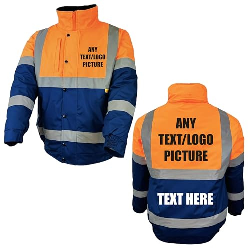 Personalised Orange & Navy Two Tone Hi-Vis Safety Bomber Jacket – Customizable Workwear with Logo or Text, Safety Jacket, Brook Hi Vis