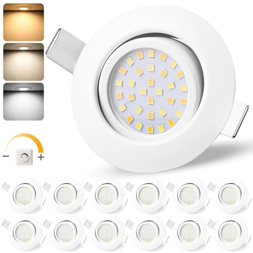 GeyouLux LED Einbaustrahler 230V IP44, 65-75mm EinbauØ Dimmbar Deckenspots | 6W 45° Schwenkbar Einbauleuchten 3000K Warmweiß 4000K Neutralweiß 6500K Kaltweiß Ultra Flach Einbauspots, 12er Set Weiß
