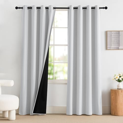 PONY DANCE Abdunkelnde Vorhänge für Schlafzimmer Thermogardine mit Ösen | 2er Set, 220 cm Lang, Grau-weiß, Gardinen Verdunkelung, Hitzeschutz, Sichtschutz, UV-Schutz, für Guten Schlaf Wohnzimmer