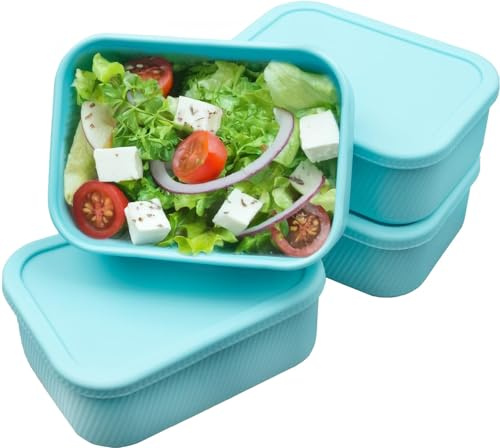 4 Pack Silicone Bento Lunch Box, Reusable Lunch Container Bento Snack Box Leak-Proof Meal Prep Containers for Adult Work Travel Shcool, BPA-Free, Microwave Dishwasher Freezer Safe(Lake Blue)