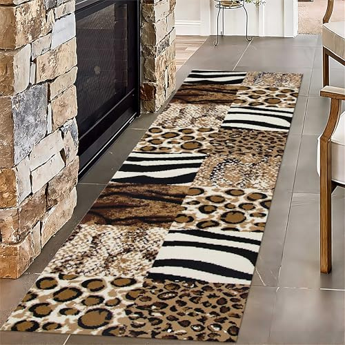 SMXVRC Tierfellmuster Wohnzimmer Teppich, 60x180cm, Leopard Tiger Schlange Zebra Muster Eingangsteppich, Knitterfrei Weich Faltbar GummirüCken Kurzflor FußMatte für Eingang Wohnzimmer KüChe