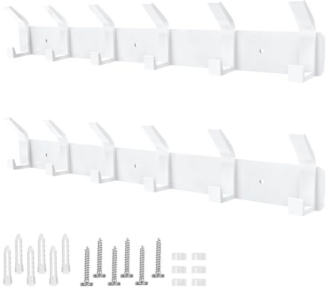 Galerie SV 2 Piezas Percheros Pared Perchero de Pared de Metal, con 6 Ganchos, Perchas Pared Colgador Ropa Pared para Dormitorio, Baño, Cocina, Perchero (Blanco)