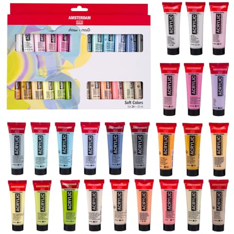 Amsterdam Juego de colores suaves de pintura acrílica de la serie estándar, 24 x 20 ml - Paleta de colores pasteles, pigmentos resistentes a la luz, base de agua inodoro, apta para diversas