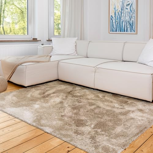 Astra Hochwertiger Teppich Wohnzimmer, Schlafzimmer - Kuscheliger Hochflorteppich weich - Weicher Bodenbelag für Innen - Teppich Marmor beige, 120x180cm