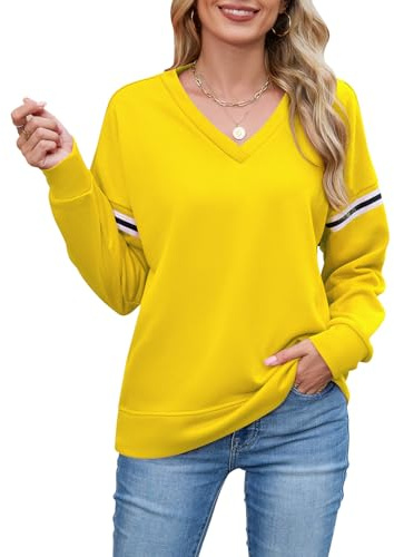 Sweatshirt Damen Oberteile Langarm Shirt V-Ausschnitt Bluse Lässig Elegant Damenshirt Grundlegend Tunika Freizeit Farbblock Blusenshirt für Frühling Herbst Winter