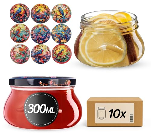 KADAX 10er Set Marmeladengläser 300ml TO82 Vögel, Einmachgläser Vorratsgläser Mason Jar mit Schraubdeckel, Luftdichte Schraubgläser, Honig & Konfitüre