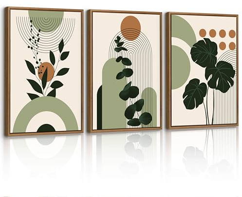 3 Pcs Boho Salbei Grün Leinwand Bilder mit Rahmen Set, Ästhetik Pflanze Blatt Wandbilder Orange Geometrische Linien Bild Auf Leinwand Poster Kunstdrucke Deko für Wohnzimmer Schlafzimmer Büro 40X60cm