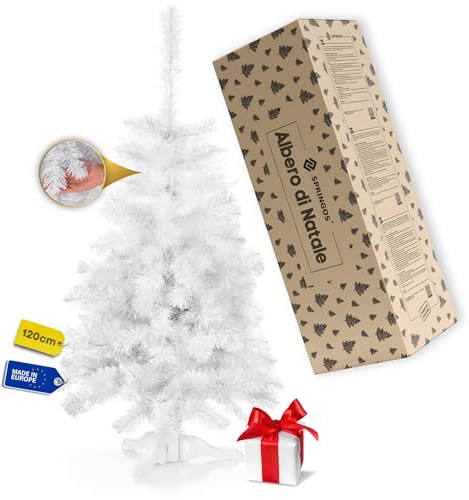 Springos Albero di Natale artificiale, 120 cm, abete bianco artificiale, con 154 punte, albero di Natale bianco come la neve, davanzale e decorazione da tavolo, base stabile, albero di Natale