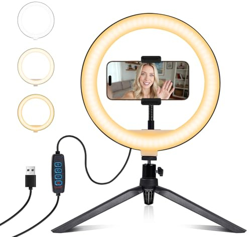 Selfie Ring Light 10 with Tripod Stand and Phone Holder, LED Ring Light for Desk with 3 Light Modes & 11 Brightness Level for Selfie, YouTube, Makeup, Live Streaming, TIKTOK