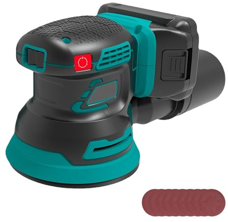 Lijadora orbital inalámbrica de 125 mm, amoladora eléctrica de madera de 12000 rpm con batería de 2000 mAh y 9 hojas de lija, 3 velocidades ajustables, lijadora circular