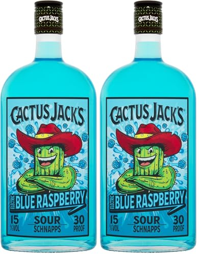 Cactus Jack's Electric Blue Raspberry, raspberry flavour sweet and sour schnapps liqueur made for shots, mixed alcoholic drinks and cocktails 700ml 15% ABV. PACKAGING MAY VARY. (Pack of 2)